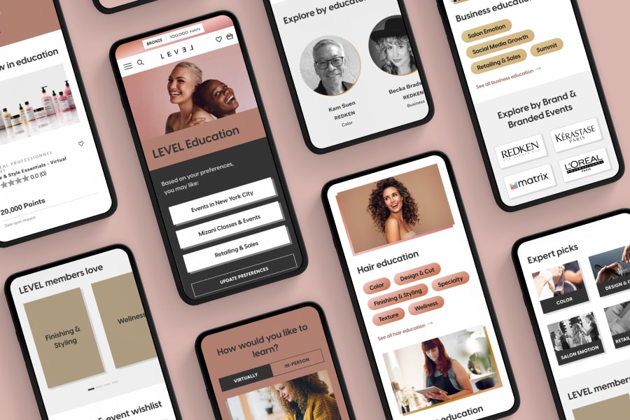 Numerous smartphones are open to different mobile-responsive pages from throughout the LEVEL site.