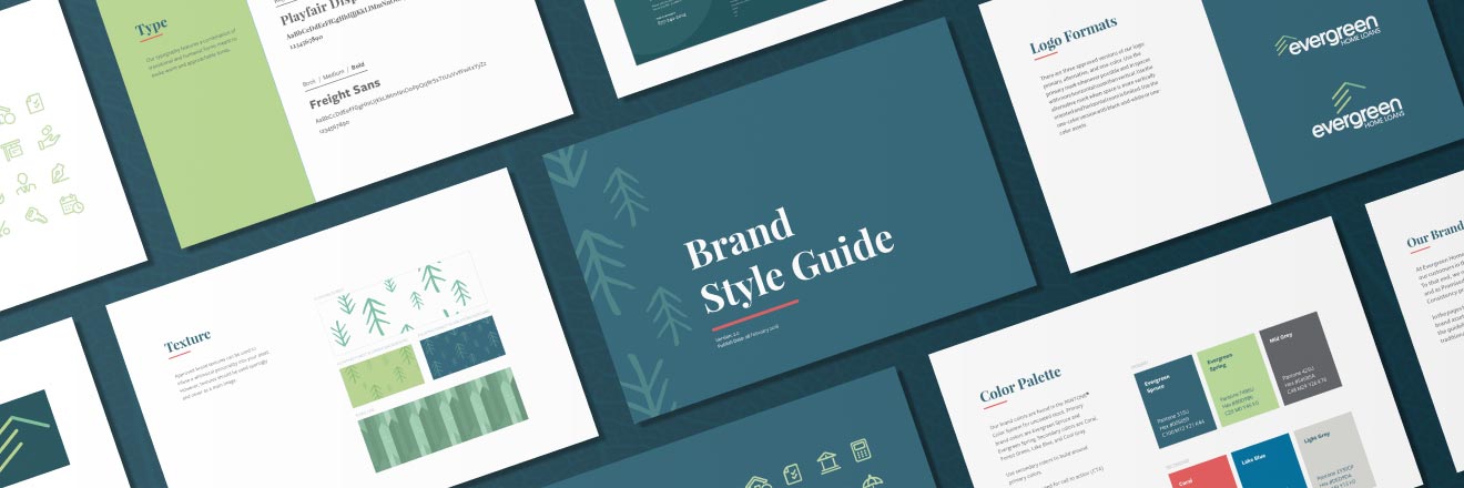 Simple, clean pages from an Evergreen Home Loans brand style guide are arrayed in a colorful grid.