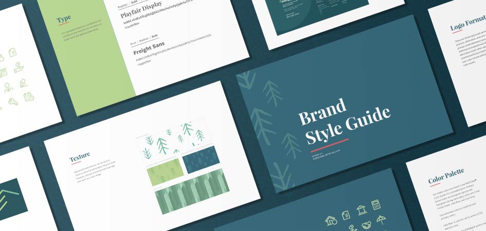 Simple, clean pages from an Evergreen Home Loans brand style guide are arrayed in a colorful grid.