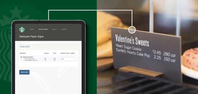 A tablet order form flows straight to a photograph of a Starbucks pastry sign in use next to sweets.