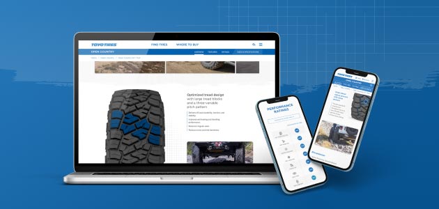 The Toyo Tires website is open on laptop and mobile phone screens, showing a responsive site with crisp graphics.