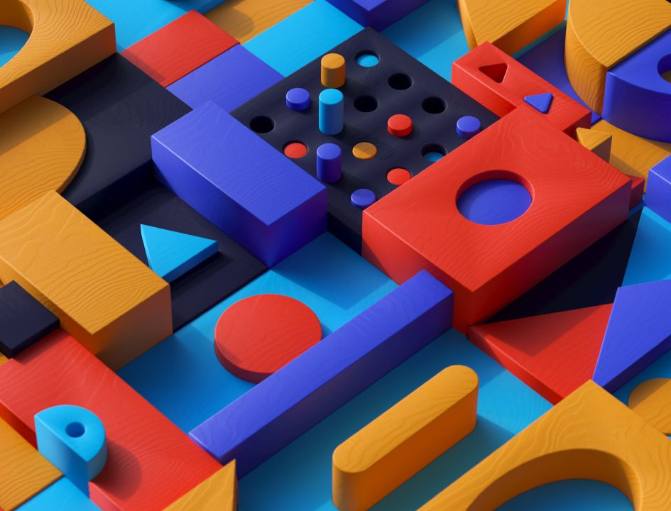 Colorful 3-D shapes fit together in what is clearly one of many configurations.